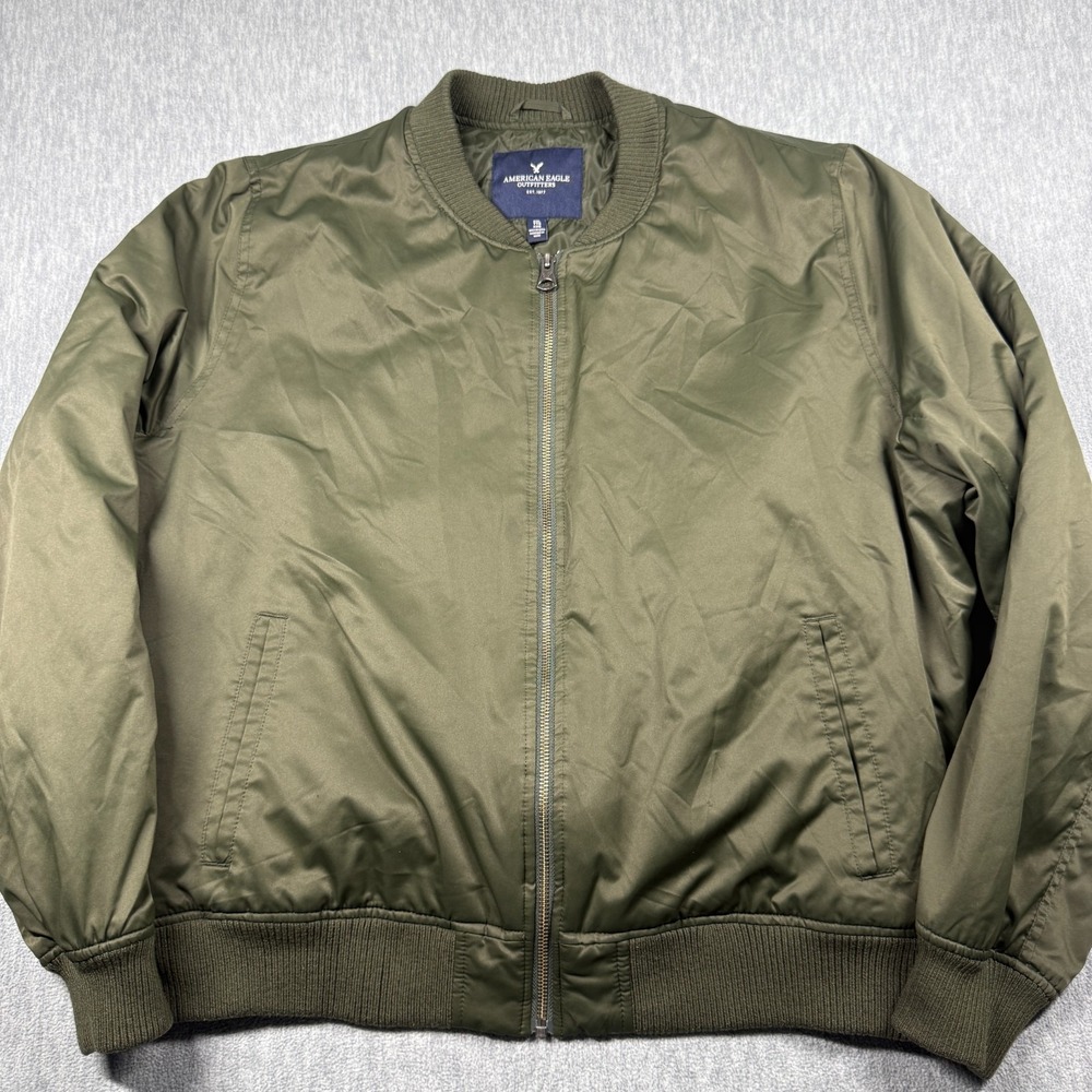 American Eagle Jacket Mens XXL Green Full Zip Ribbed Collar Bomber Flight Coat